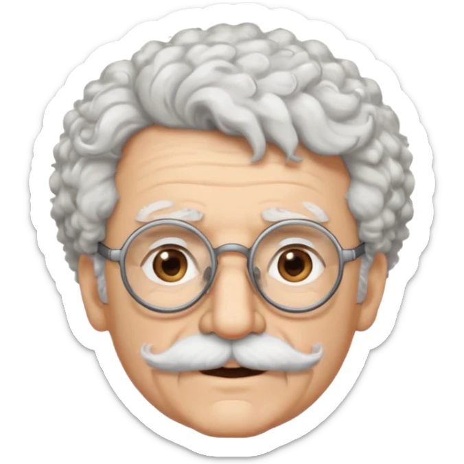 An elderly scientist emoji fluffy curly white hair, brown eyes behind black-framed glasses, a narrow pointed face, and a thin straight white mustache above his mouth. sticker