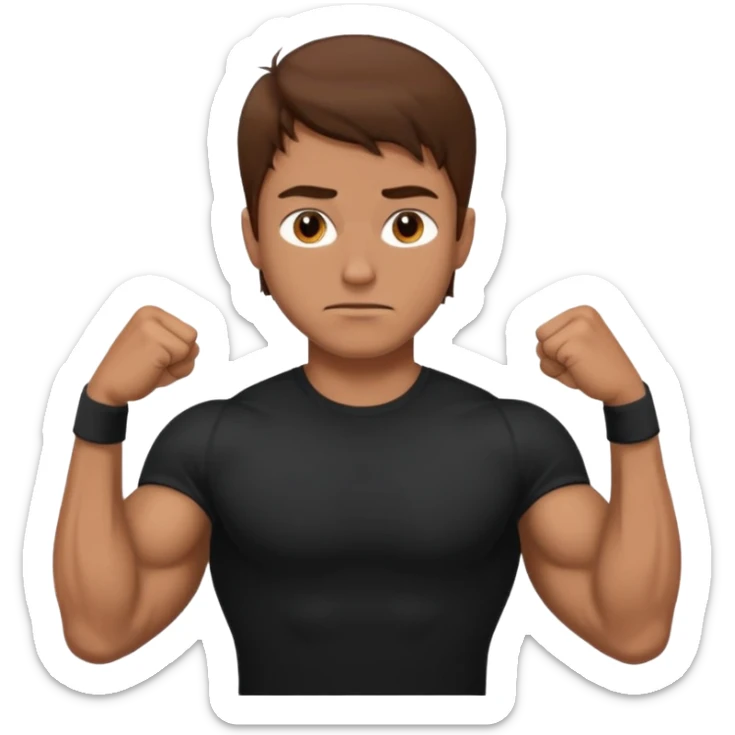man with brown hair who is strong wearing black t shirt not smiling muscles sticker