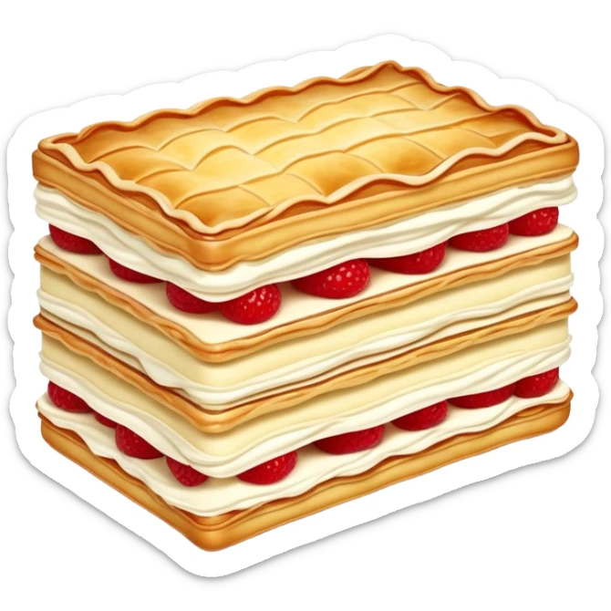 mille-feuille-cinematic-realistic-mille-feuille-dessert-emoji,-depicted-as-a-rectangular delicate-pastry-composed-of-two-crisp-layers-of-puff-pastry-with-a-rich-cream-filling,-rendered-with-intricate-textures-and-elegant,-soft-lighting. Please only show two layers only. sticker