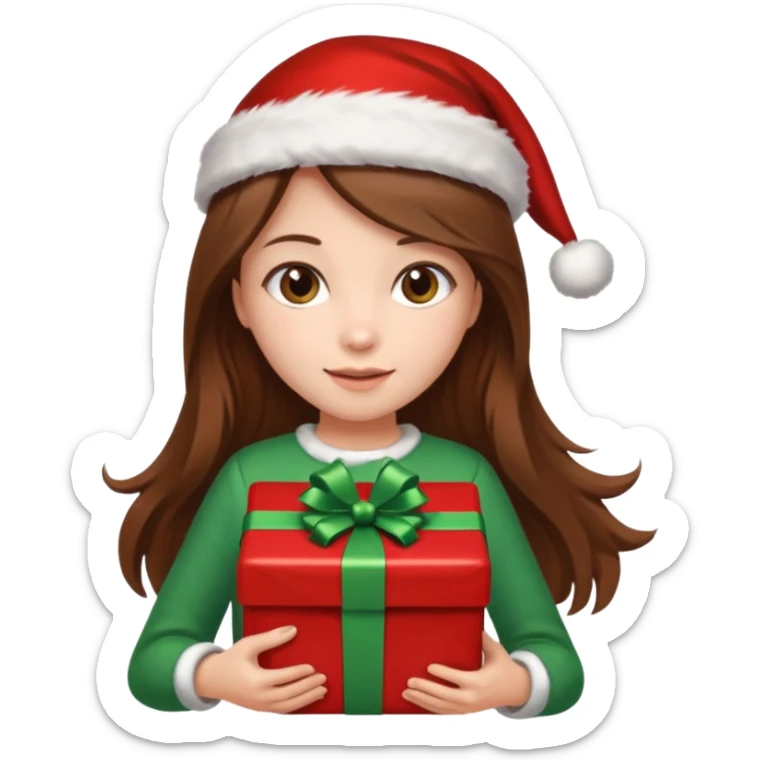 a girl with long brown hair wearing a christmas clothes and holding a gift sticker
