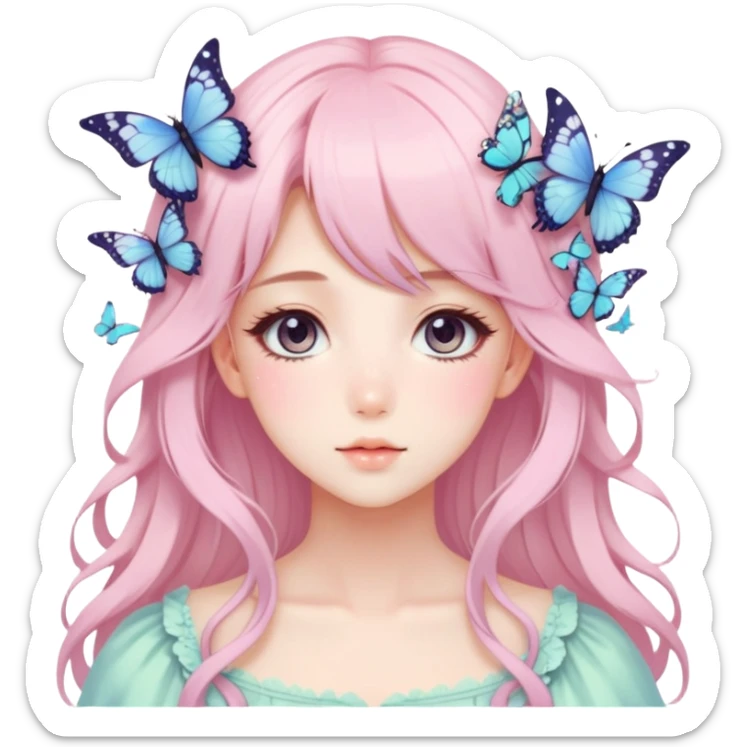 gorgeous pretty anime pastel lady with butterflies and beautiful hair fairycore cottagecore sticker