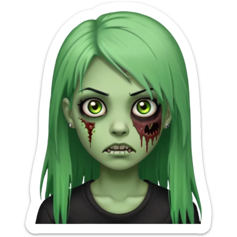 zoombi girl cabelo liso preto franja de lado cabelo partido de lado risquinho na sobrancelha e um piercing na sobrancelha um piercing no nariz cabelo longo zoombi verde ne tipo esse o  sticker