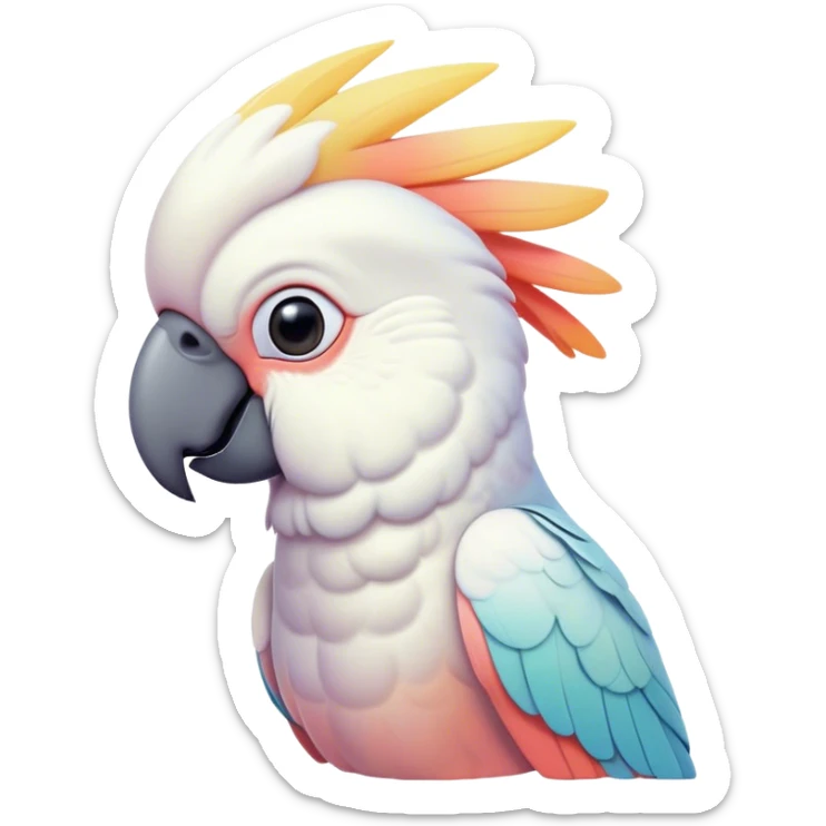 Cinematic Noble Cockatoo Portrait Emoji, Poised and regal, with a striking, crest-adorned head of brilliant white and pastel hues, a robust, curved beak, and piercing, intelligent eyes, Simplified yet sharp and sophisticated features, highly detailed, glowing with a soft, tropical luminescence, high shine, intelligent and majestic, stylized with an air of avian elegance, focused and alert, soft glowing outline, capturing the essence of a watchful and confident cockatoo that appears ready to unfurl its crest out of the screen with effortless authority! sticker