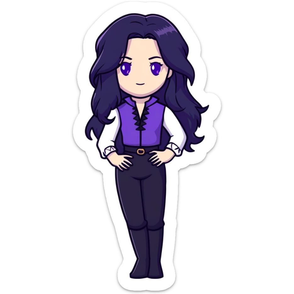 Yennefer from Witcher with long black hair, violet eyes, pale skin, wearing black clothes sticker