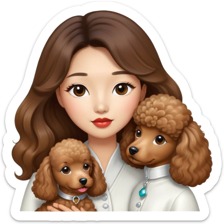 a asian lady with long balayage hair with highlights, long lashes, kissing a brown poodle, wearing white outfit sticker