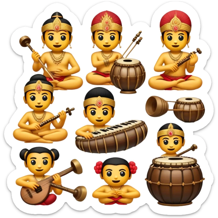 Cinematic Realistic Gamelan Pop Culture Emoji, depicted with an ensemble of traditional Indonesian instruments rendered with rich textures and rhythmic, cultural lighting. sticker
