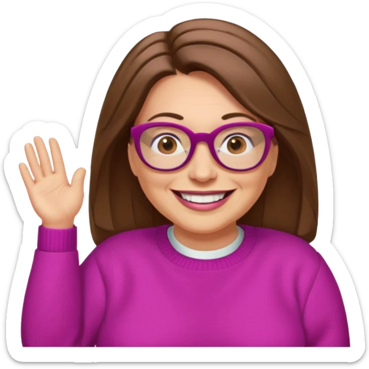 50 yr Caucasian woman, long brown hair parted on side, brown eyes, glasses, big smile, white teeth, fuscia sweater, chubby sticker