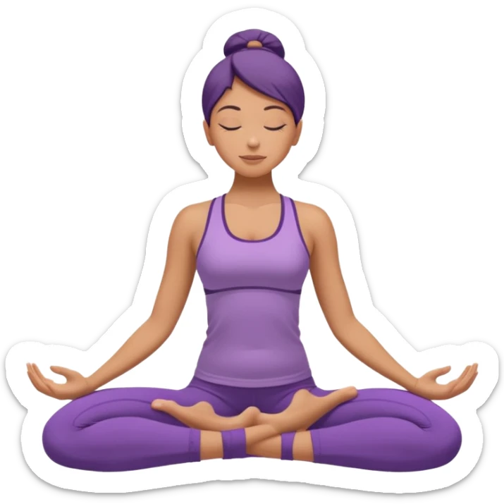 	A woman in purple yoga wear resting in child’s pose, soft white background, peaceful energy. sticker