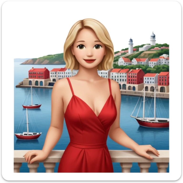 jennifer lawrence, red dress leaning on a balcony with a harbor and cityscape in the background, smiling, closeup sticker