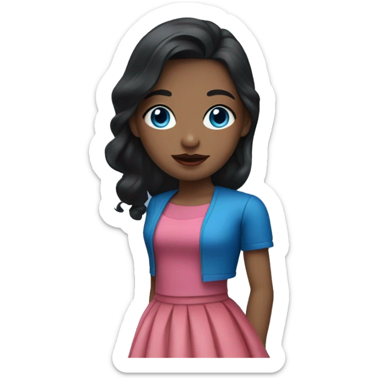 A girl with black hairand blue eyes and red lips and pink top and blue skirt sticker