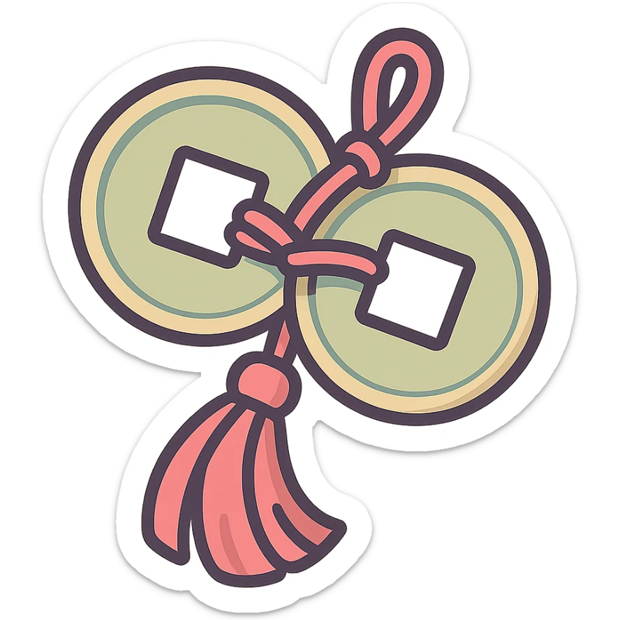 pair of Chinese coins with square holes tied with a red thread tassel, icon-color-outlined style, detailed shadows and highlights, thin clean outlines, soft rounded shapes, pastel palette #98B5BC, #B5B3C1, #C9A3C9, #E4C0CA, #F7DCD1, #F7C0AA, modern Japanese pop art and sticker aesthetic, high detail, vector sharpness, soft lighting, transparent background sticker