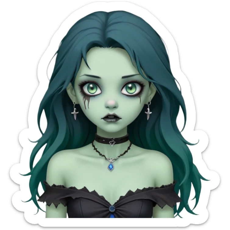 a soft, doll-like zombie girl with light sage green skin and big blue-green eyes, long black hair that swoops gently at the ends, a tiny silver nose stud and a delicate eyebrow piercing on the left side. she’s wearing an off-the-shoulder black top that shows her collarbones, sticker