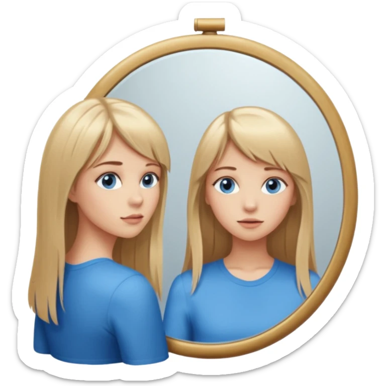 young woman with long straight dirty blonde hair, side bangs, and blue eyes. She is admiring herself in a mirror sticker
