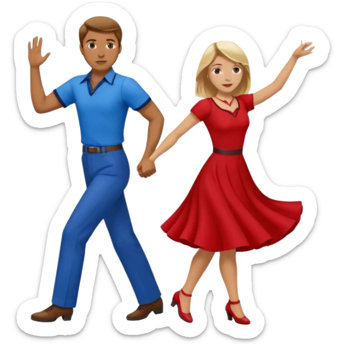 Two people. Man wearing all  RED with brown hair. Women  ALL blue with blond hair. Swing Dancing.  sticker