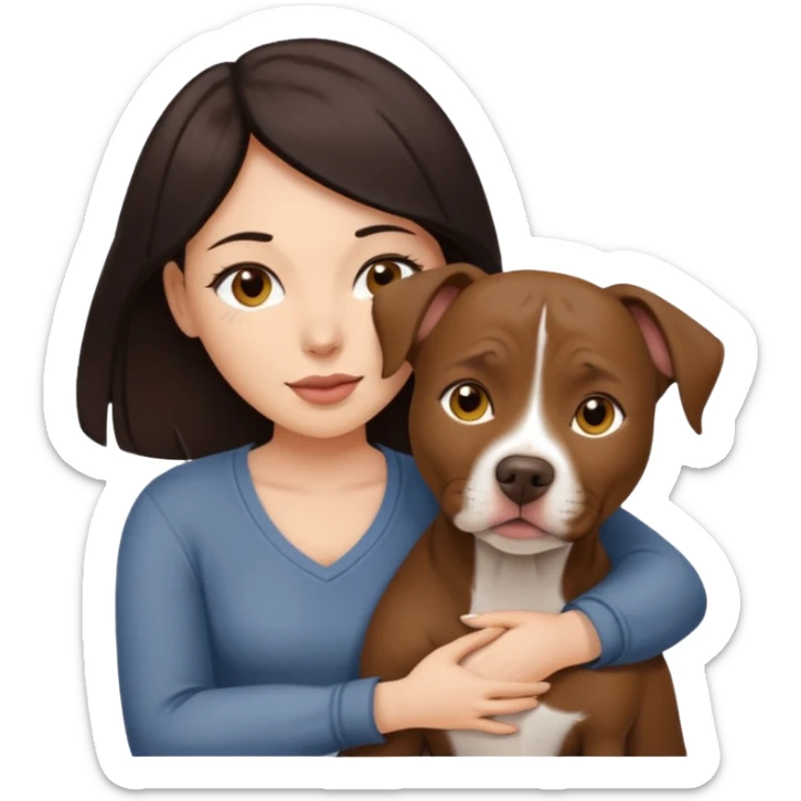 A woman with dark hair and brown eyes is hugging a ball over brown pitbull femail dog with golden eyes with cropped ears  sticker