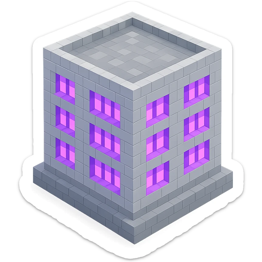 Russian panel apartment building, modernized square block, light gray, ultraviolet glowing windows, isometric view sticker