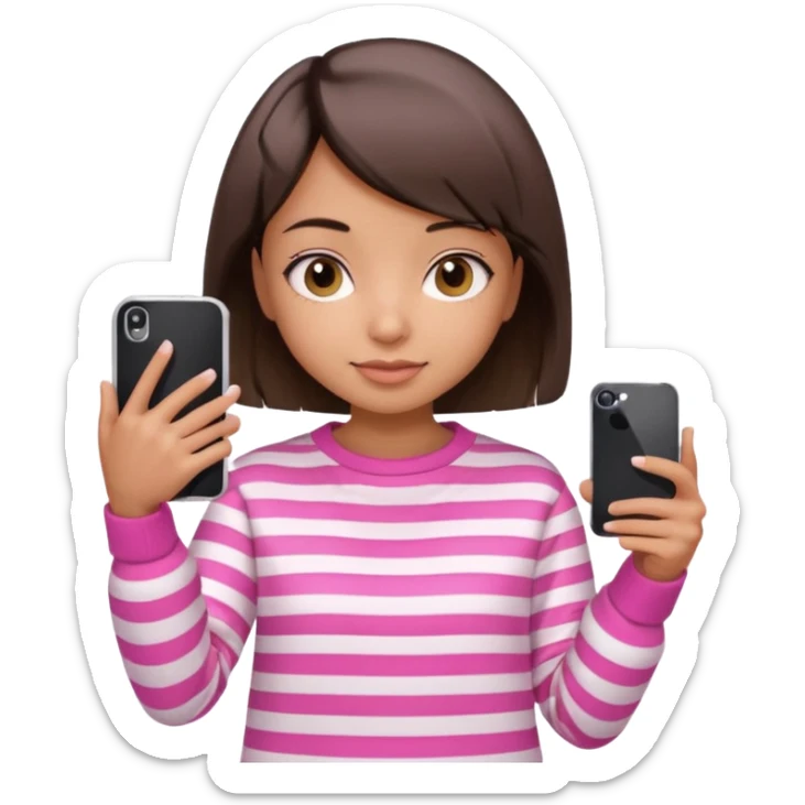 Emoji of a cute 3D girl with short dark brown bob hairstyle, wearing a pink and white striped sweatshirt. She is holding a phone and taking a selfie, white background.

 sticker