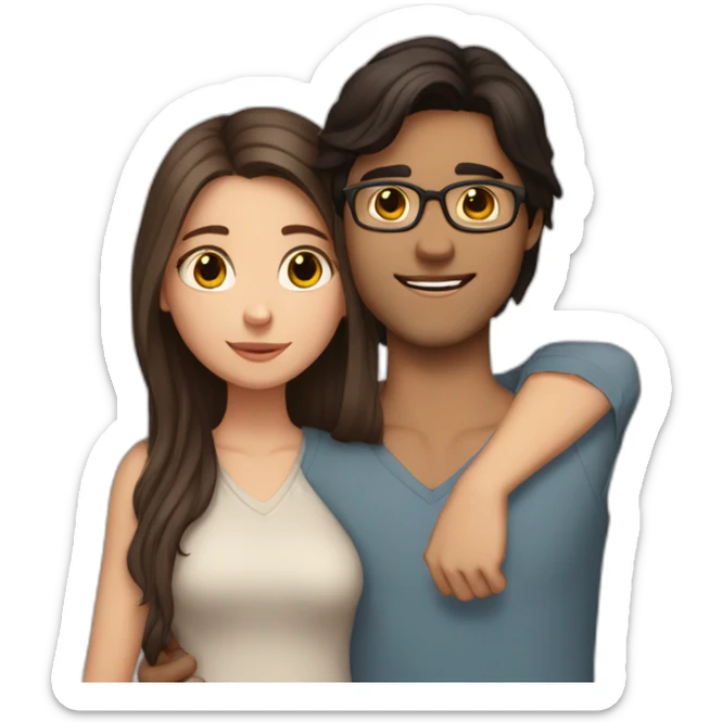 White girl dark brown long hair without glasses and be indian boy with glasses and dark brown hair hug sticker