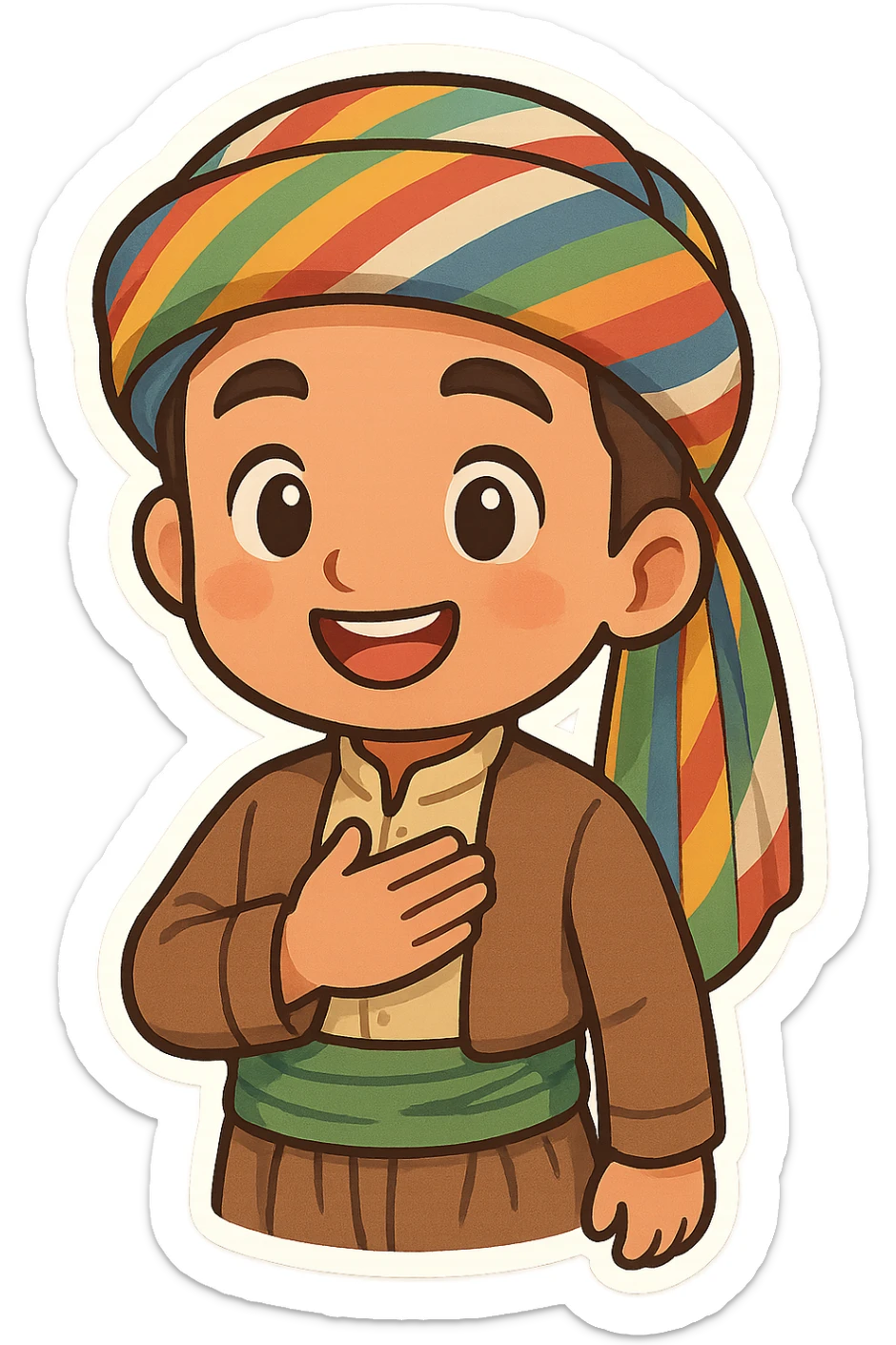 cartoon sticker of a Kurdish man in traditional clothing, hand on chest (salute) pose, open smile, colorful and cheerful, no text, suitable for WhatsApp and Instagram sticker