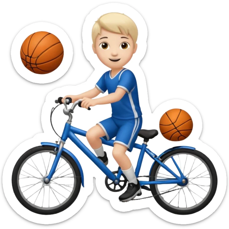 A child on a bicycle, with a soccer ball and a basketball nearby sticker