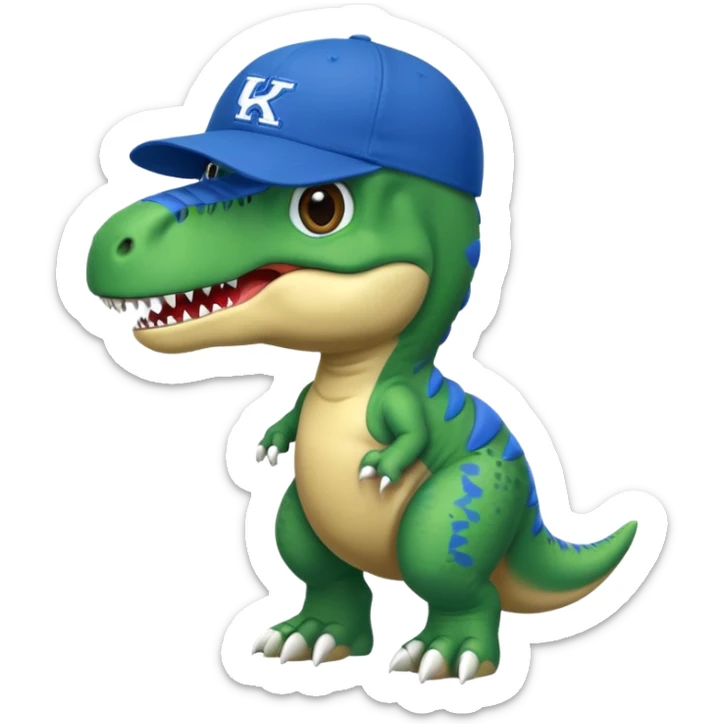 Let’s do a cute green T Rex  in a blue university Of Kentucky ball cap  sticker