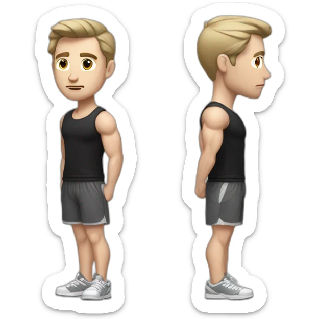 Confused Pale skinned Fit Man With the biceps and dark brown hair in black shirt, gray sports shorts and white Sneakers sticker