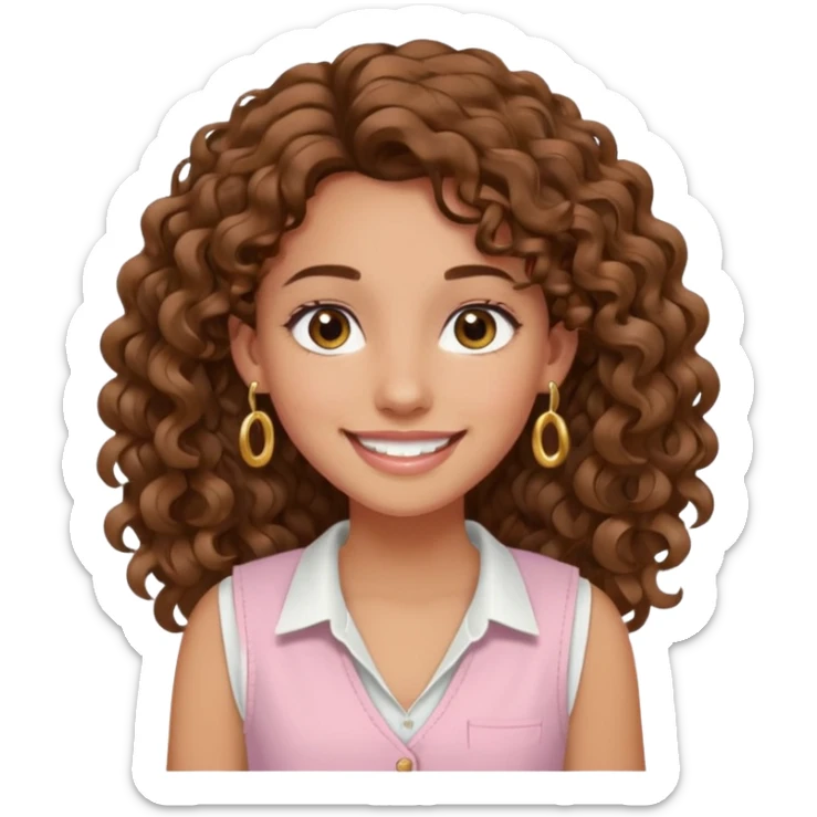 chica un poco morena (no demasiado), pelo rizado largo, sonriendo, con ojos grandes y marrones con camisa rosa palo y un chaleco blanco y aretes dorados en forma de circulo en sus orejas  sticker