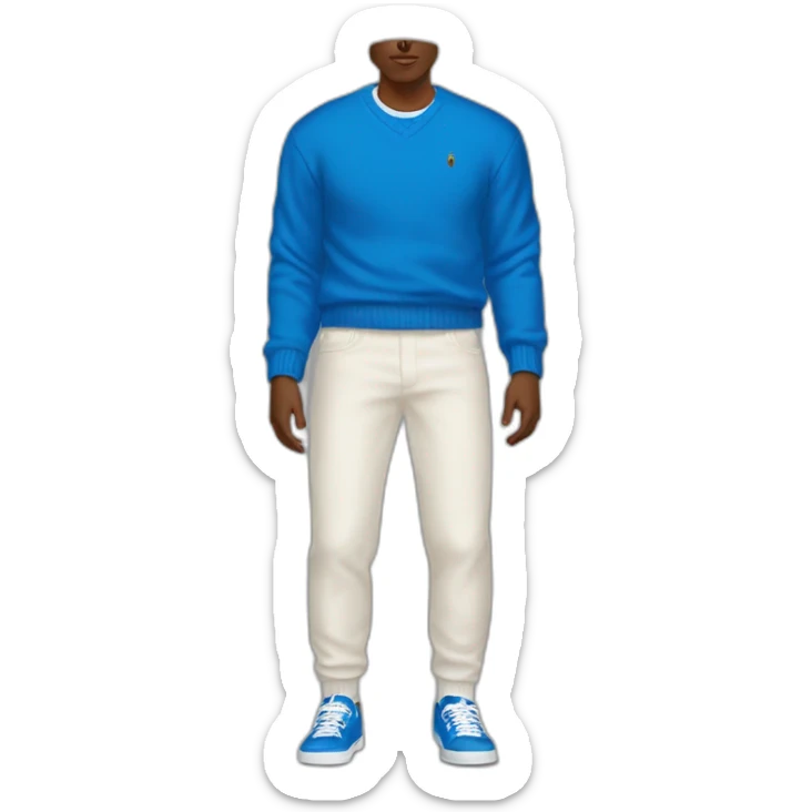 brown guy wearing a ralph lauren blue sweater with an italian white pant and old bape sneakers sticker