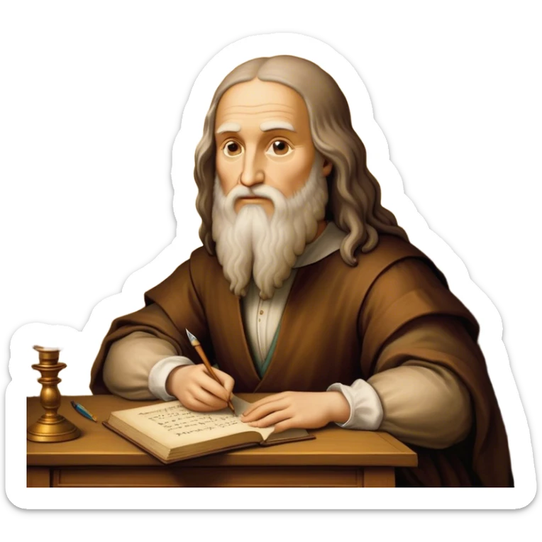 Cinematic Realistic Leonardo da Vinci Portrait Emoji, depicted as the quintessential Renaissance polymath with deep, thoughtful eyes, a flowing beard, and a quill or sketchbook in hand. The scene is illuminated with warm, classical lighting, evoking the atmosphere of a master artist’s workshop, surrounded by early sketches of inventions and masterpieces like the Mona Lisa. sticker