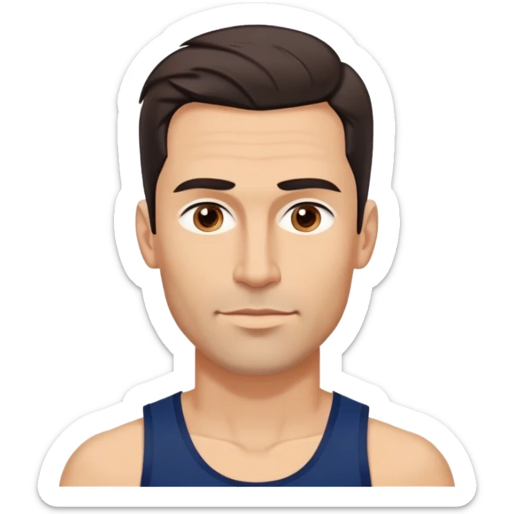 Youthful-looking athletic 40-year-old man with light brown skin, elongated face, defined jawline, attractive features, medium dark eyes, arched eyebrows, straight nose, confident expression, medium wavy dark hair with modern style, wearing a navy blue tank top sticker