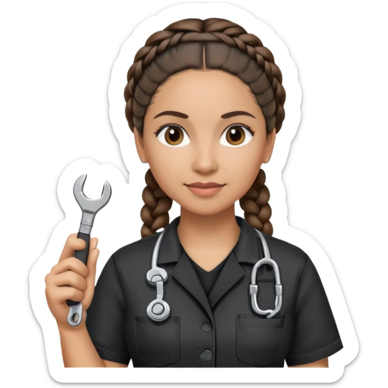 A 40-year-old Latina woman with light brown skin, working as a car mechanic, wearing all black mechanic scrubs, with two braids pulled back from her head sticker