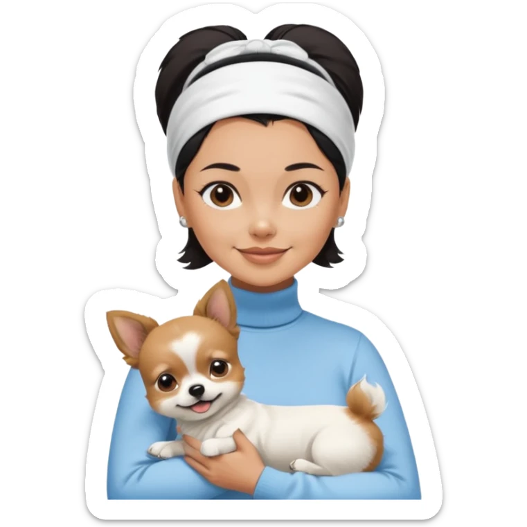 tan skin woman, with short black hair in a slicked back ponytail with forehead showing, with white headband, wearing solid pastel blue turtleneck shirt, smiling carrying dark brown-white furry fuzzy chihuahua pomeranian dog sticker