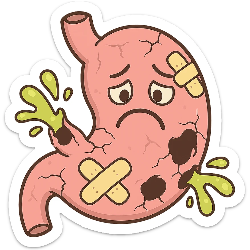 cartoon icon of a stomach character with cracks or holes, sad face, acid splashes, bandages, cute but informative medical style sticker