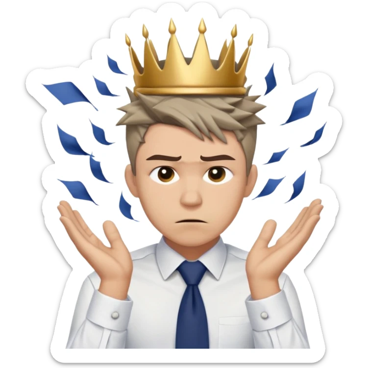 Gender: Male Hair: Ash-brown undercut with messy crown spikes Face: Deep frown lines, sweat waterfall cascading from temple Clothes: Crumpled white dress shirt with loosened tie (navy blue) Action: Both hands gripping hair, papers flying around head、 sticker
