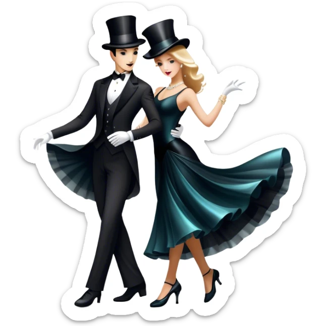 Icon for Ballroom Dancing: a pair of elegant dance shoes, a flowing dress, a top hat, and a dance floor spotlight. The icon should represent the elegance and atmosphere of ballroom dance, focusing on the iconic dance elements. Transparent background. sticker