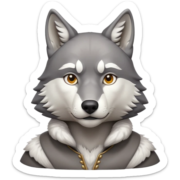 cinematic-noble-wolf-portrait-emoji,-poised-and-regal,-with-a-strong,-lean-build-and-a-sleek,-fur-of-grey-and-white,-deep-set-soulful-piercing-eyes,-simplified-yet-sharp-and-sophisticated-features,-highly-detailed,-full-body, zoomed out showing shoulders sticker
