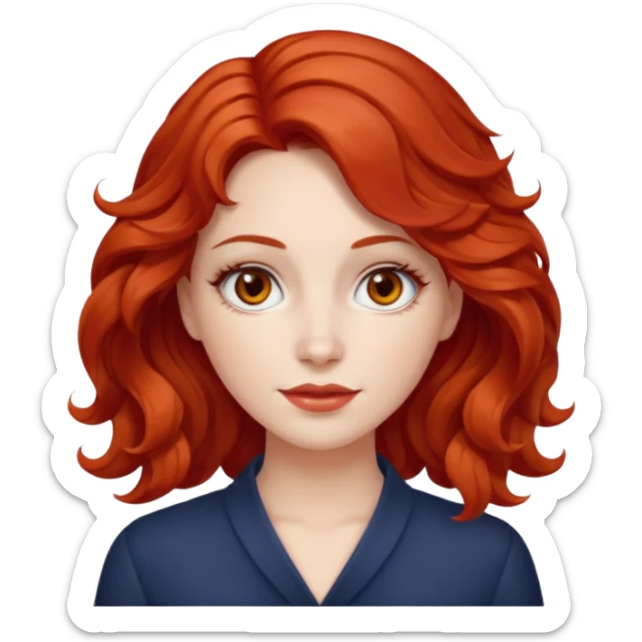 a woman with bright red wavy hair, slightly slanted almond brown eyes and white skin  sticker