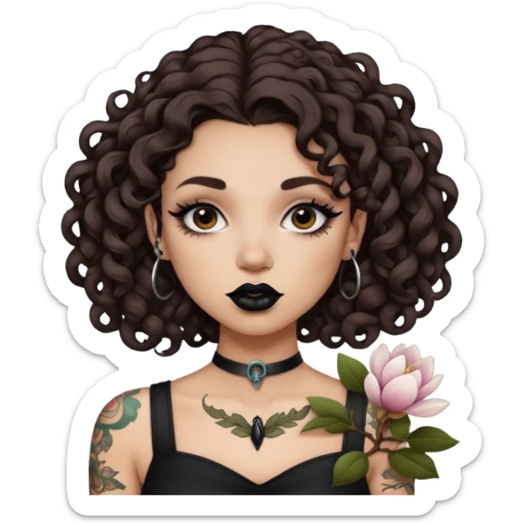 Alternative girl with curly dark brown hair and a magnolia throat tattoo sticker