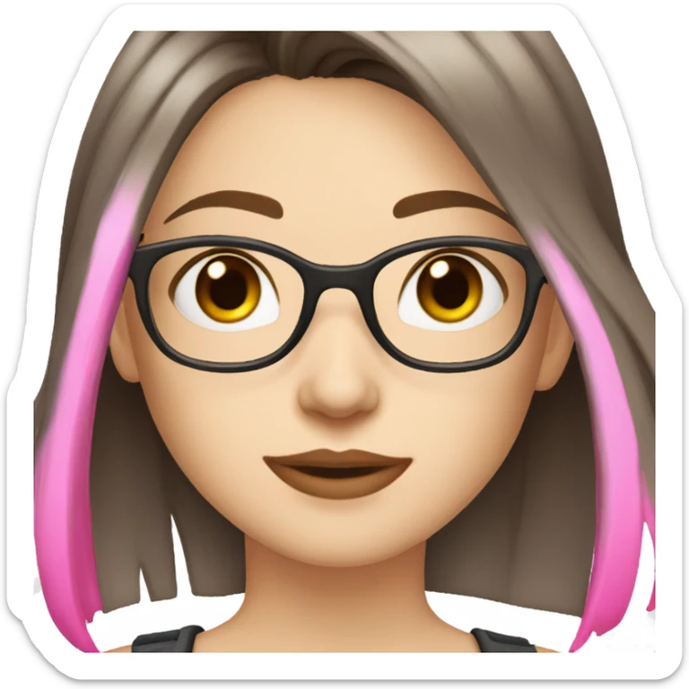pale skinned girl with dark brown choppy shoulder length hair with pink streaks wearing glasses and has brown eyes  sticker