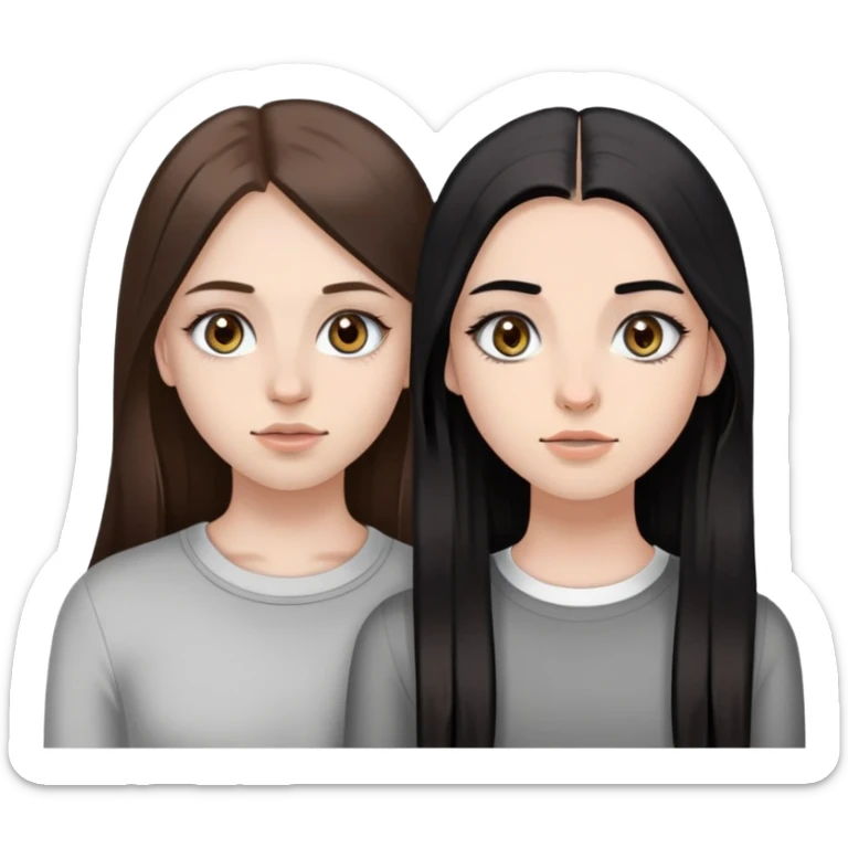 two girls one of them is brunette with light make up straight long brown hair  and heterochromia and braces and the other one has long black hair grey eyes nostrill and septum piercing  and she has a baddie make up sticker