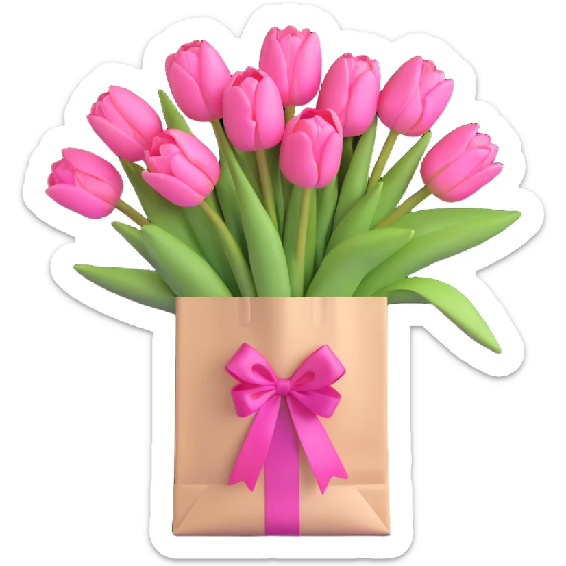 a bouquet of pink tulips in a white paper bag tied with a pink ribbon, 3D iOS emoji style, pastel pinks and baby blues, soft shadows, clean and modern minimalism sticker