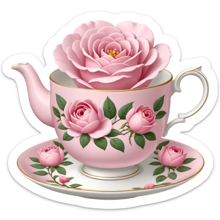 Realistic 1940's ultra detailed English tea rose, tea cup & saucer  sticker