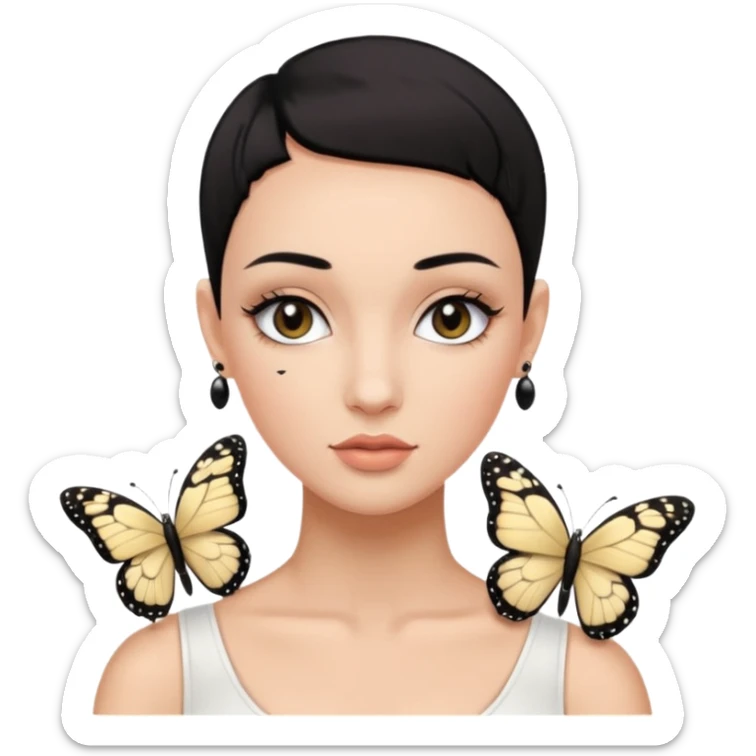 Lady with black buzz cut hair and lashes wearing 4 black earrings holding white butterfly sticker