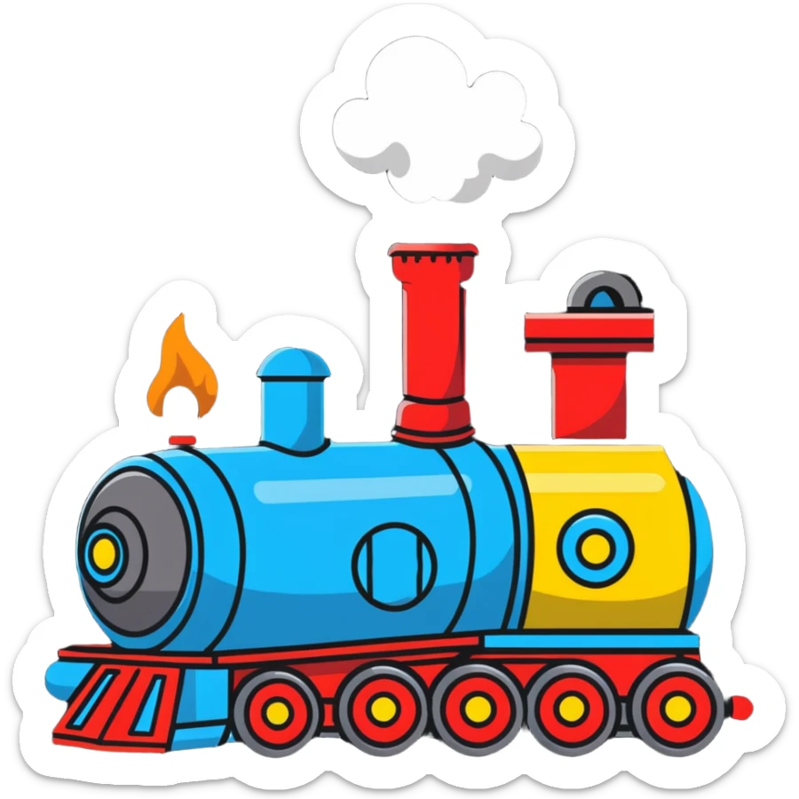 A cartoon toy train with a bright happy face and steam coming from its chimney sticker