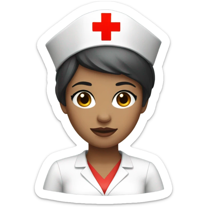 short pixie cut black straight hair female nurse with red cross sign hat wearing dress
pale skin color sticker