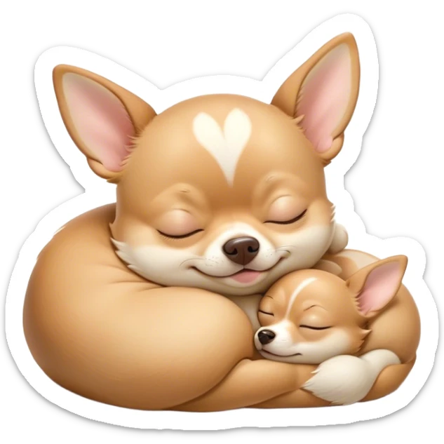 Cinematic Meme-Worthy Chubby Sleeping Fawn Chihuahua Portrait Emoji, Head resting peacefully with a contented smile, showcasing a delightfully chubby build and a luxuriously soft fawn coat, eyes shut in a serene nap, Simplified yet hilariously adorable features, highly detailed, glowing with a soft, drowsy light, high shine, relaxed and utterly lovable, stylized with an air of playful laziness, bright and heartwarming, soft glowing outline, capturing the essence of a comically sleepy Fawn Chihuahua, so meme-worthy it feels like it could instantly become the next viral sensation of adorable slumber! sticker