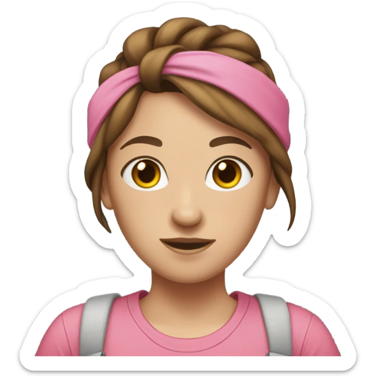 A white woman with brown hair in pony tail wearing pink headband, pink t shirt and overalls  sticker