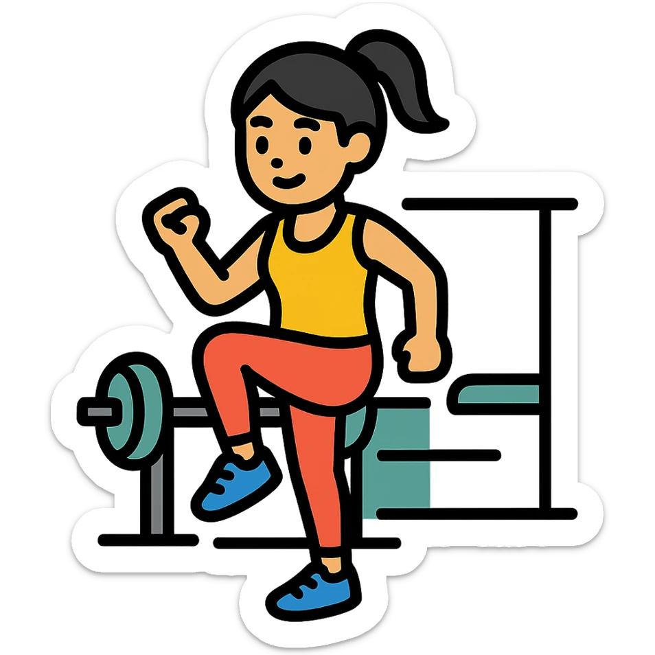 Asian woman doing a routine workout, energetic, fitness attire, gym background sticker