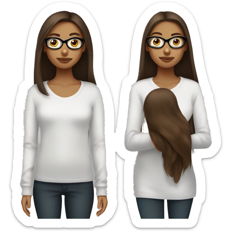 une fille avec de long cheveux noir lisse , des yeux marron , et avec des lunette (en forme de carrer un peu déformé) assez grosse comparer a ça tête , portant un pull blanc sticker