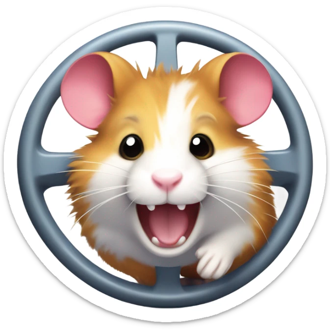 A cute, energetic hamster running inside a wheel, showing determination and focus. The hamster should look fluffy and cheerful, with vibrant colors and a playful vibe. sticker